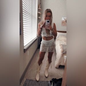 Violet White Rhinestone Mesh Mini Skirt and Crop Top Set